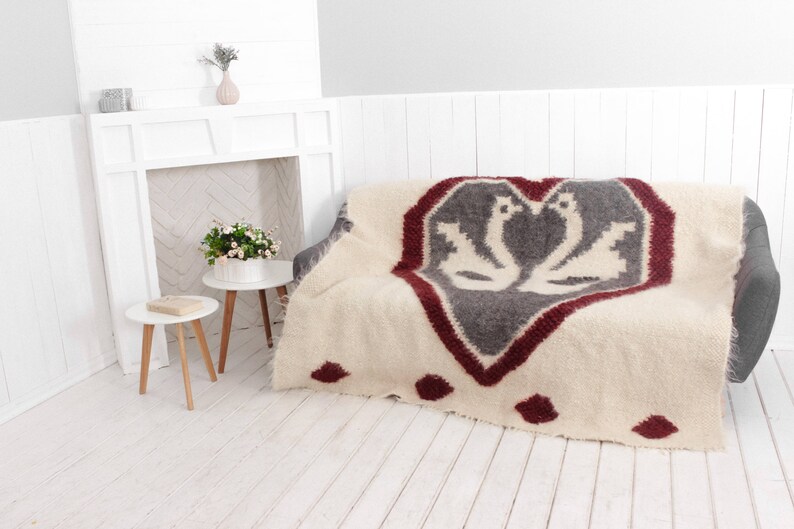 Wedding Blanket Wool Throw Handmade Swan Bird In Heart Etsy