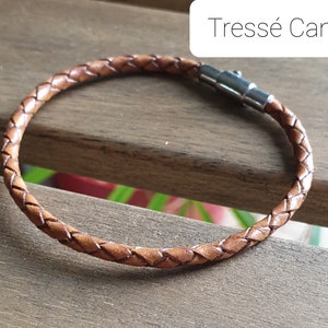 Leather bracelet, Men's bracelet, Vintage brown, Braided leather, Magnetic stainless steel clasp Tressé Camel