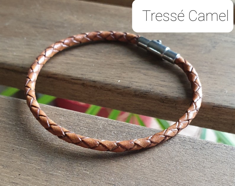 Leather bracelet, Men's bracelet, Vintage brown, Braided leather, Magnetic stainless steel clasp Tressé Camel