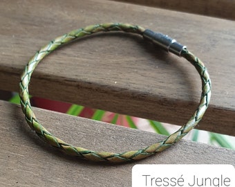 Leather bracelet, Mixed bracelet, Jungle green color, Braided leather, Magnetic stainless steel clasp