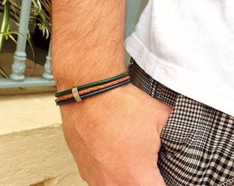 Multi-strand leather bracelet, Dark green smooth leather, Camel braided leather, Navy blue smooth leather, Stainless steel loop and clasp, Men's bracelet