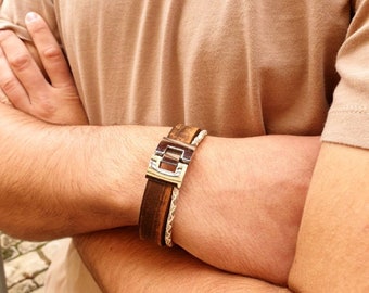 Vintage brown and vintage gray leather cuff bracelet