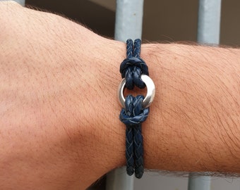 Leather bracelet, Men's bracelet, Navy blue, Braided leather, Magnetic stainless steel clasp