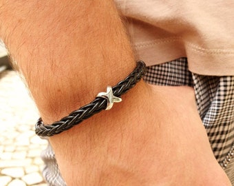 Leather bracelet, Black braided leather, Stainless steel loop, Modern braiding, Men's bracelet, Mixed bracelet, Magnetic stainless steel clasp