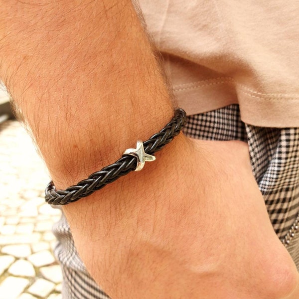 Bracelet cuir, Cuir tressé noir, Passant en inox, Tressage moderne, Bracelet homme, Bracelet mixte, Fermoir inox aimanté