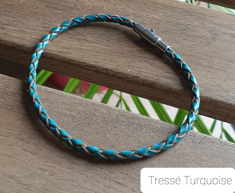 Leather bracelet, Men's bracelet, Vintage brown, Braided leather, Magnetic stainless steel clasp Tressé Turquoise