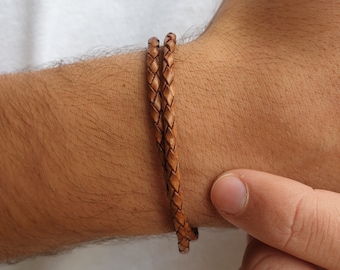 Men's braided leather bracelet, Double wrap, Thin multi-row, Camel, Magnetic stainless steel clasp