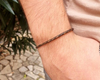 Bracelet cuir, Bracelet homme, Marron vintage, Cuir tressé, Fermoir inox aimanté