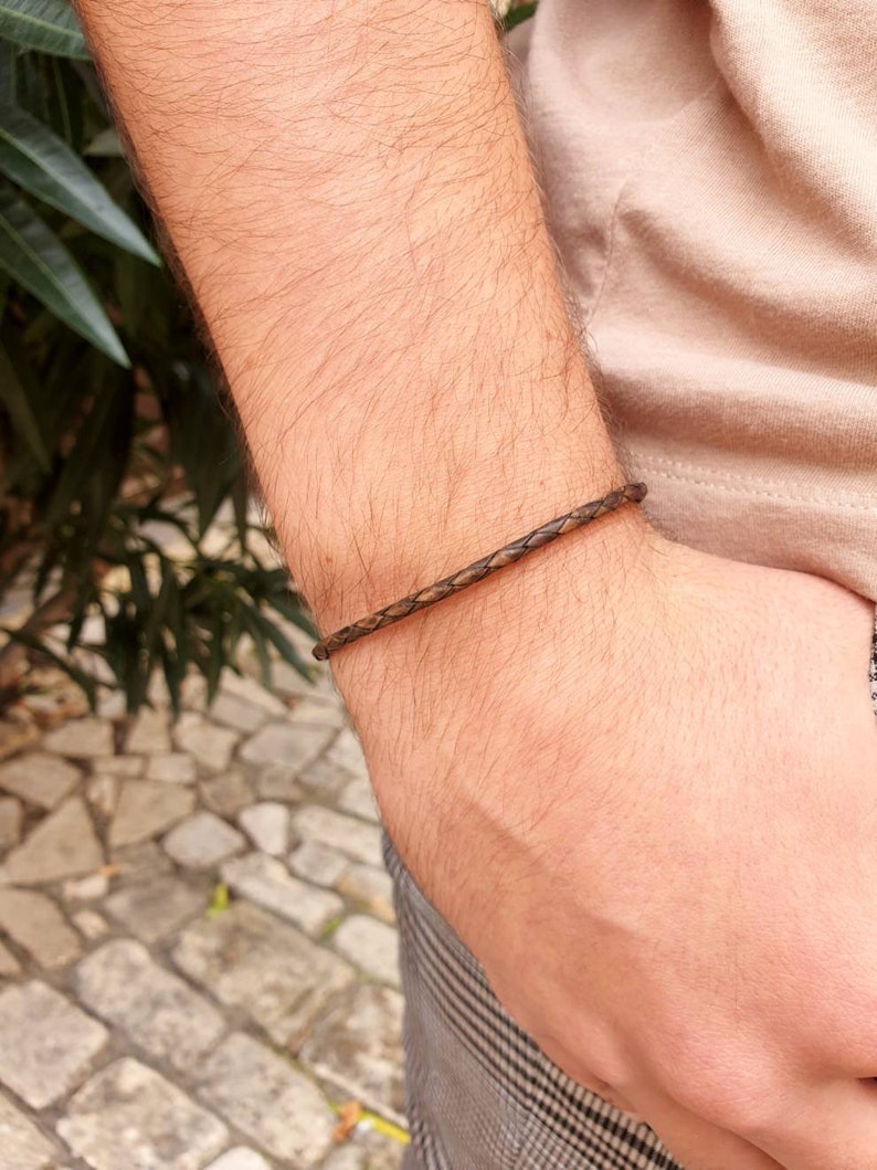 Leather bracelet, Men's bracelet, Vintage brown, Braided leather, Magnetic stainless steel clasp Tressé Marron Vint.