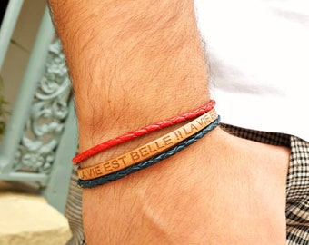 Multi-strand leather bracelet, Red braided leather, Natural leather, Petrol blue braided leather, Life is beautiful, Mixed bracelet, Stainless steel clasp