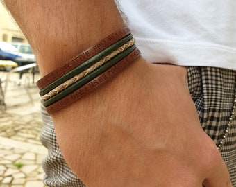 Leather bracelet, Cuff, Brown, dark green and vintage gray, Smooth and braided leather, Magnetic stainless steel clasp