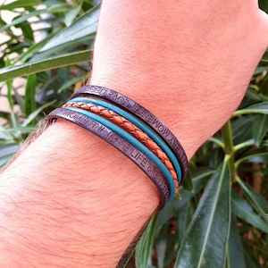 Leather bracelet, Cuff, Matte black Turquoise and Camel, Love life, Smooth leather, Braided leather, Magnetic stainless steel clasp