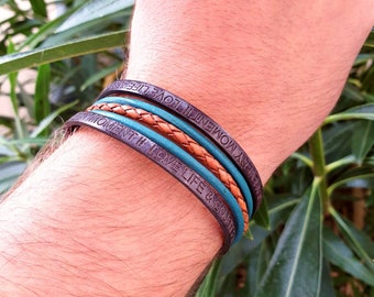 Leather bracelet, Cuff, Matte black Turquoise and Camel, Love life, Smooth leather, Braided leather, Magnetic stainless steel clasp