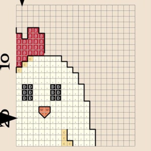 K&ouml;nnte beinhalten: Ein Pixel-Art-Musterdiagramm mit einem rot-wei&szlig;-schwarzen Farbschema. Das Diagramm ist in ein Raster mit Zahlen und Buchstaben an den R&auml;ndern unterteilt. Das Muster enth&auml;lt eine Herzform, eine Nase und einen Mund.