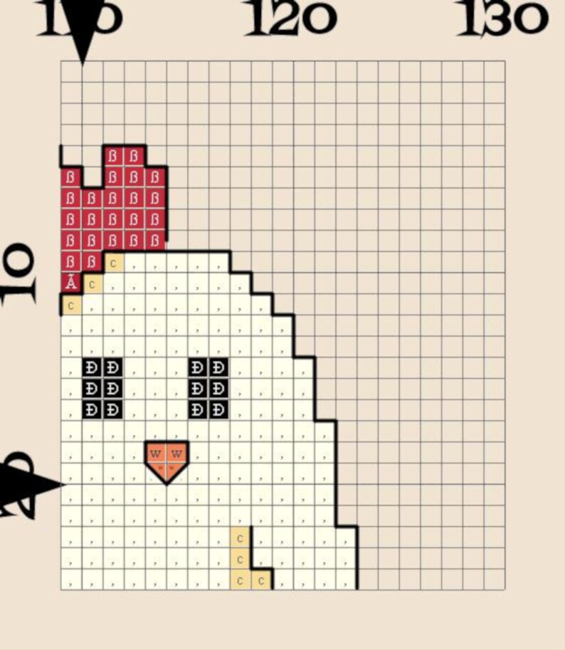 K&ouml;nnte beinhalten: Ein Pixel-Art-Musterdiagramm mit einem rot-wei&szlig;-schwarzen Farbschema. Das Diagramm ist in ein Raster mit Zahlen und Buchstaben an den R&auml;ndern unterteilt. Das Muster enth&auml;lt eine Herzform, eine Nase und einen Mund.