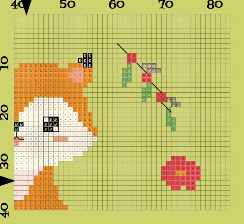 Op de afbeelding: Een pixel art ontwerp van een bruin en wit dier met een rode bloem en groene bladeren. Het dier heeft een zwarte neus en ogen. Het ontwerp is op een groene achtergrond.
