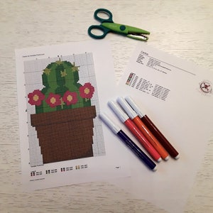 Op de afbeelding: Een kruissteekpatroon voor een cactus in een pot met roze bloemen. Het patroon is afgedrukt op wit papier en bevat een kleurenkaart en instructies. Er liggen ook vijf gekleurde stiften op de tafel.