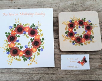 Mothering Sunday Card and Coaster Gift Set, Pressed Flower PRINTS, Cork Coasters