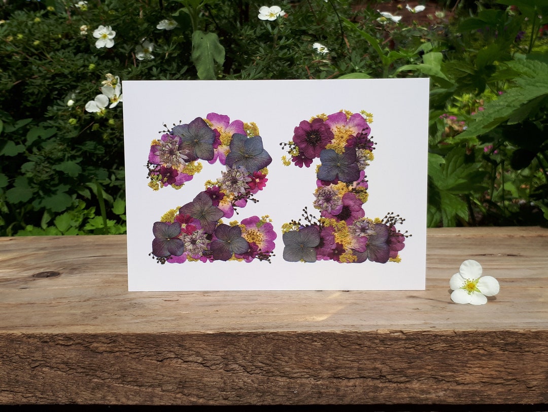 Personalised Number 21 Card, Pressed Flower PRINT, Blank Card - Etsy