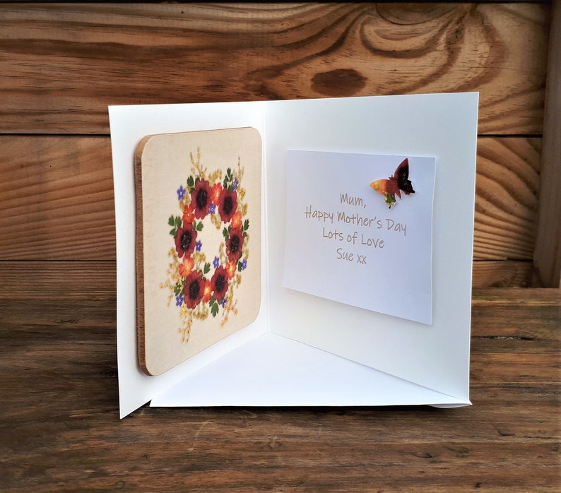 Gift For Gardeners English Pressed Flower PRINT Mum Personalised Birthday Coaster Card