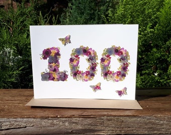 Tarjeta de cumpleaños número 100 personalizada, IMPRESIÓN de flores prensadas