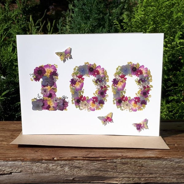 Personalised 100th Birthday Card, Pressed Flower PRINT