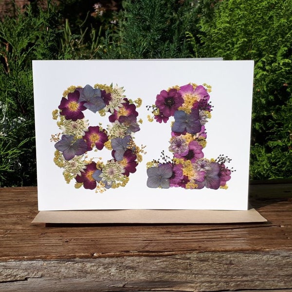 Personalised 81st Birthday Card, Pressed Flower PRINT