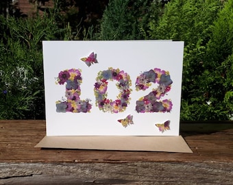 Personalised 102 Birthday Card, Pressed Flower PRINT