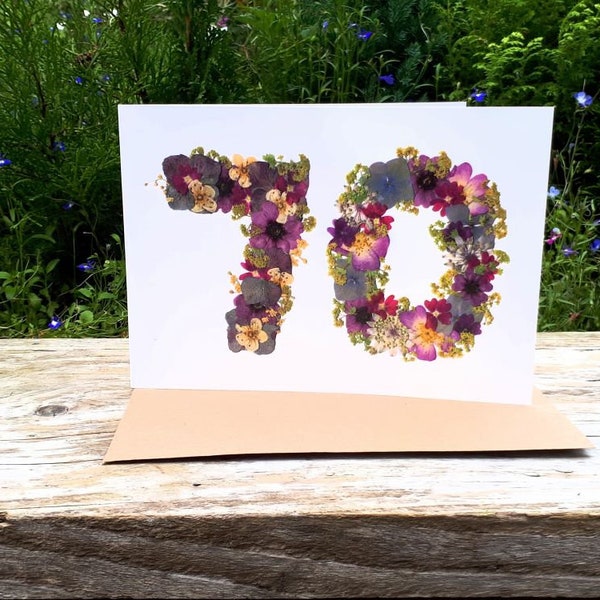Personalised 70th Birthday Card, Pressed Flower PRINT