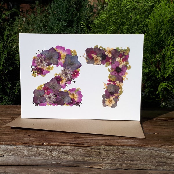 Personalised No 27 Card, Pressed Flower PRINT