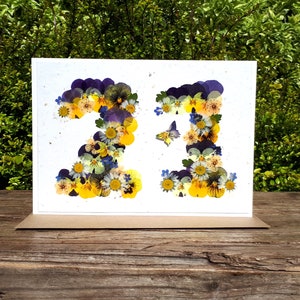 Personalised Real Flower 21 Card, Blank Card, 21st Birthday Card, 21st Anniversary Card