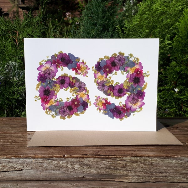 Personalised 69th Birthday Card, Pressed Flower PRINT