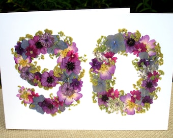 Personalised 90th Birthday Card, Pressed Flower PRINT