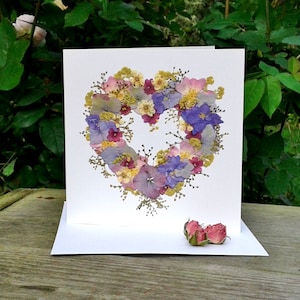 Carte personnalisée en forme de coeur d'amour, impression de fleurs pressées, cartes pour jardiniers