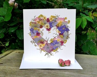 Personalised Loveheart Card, Pressed Flower PRINT, Cards For Gardeners