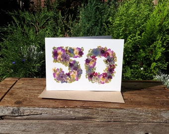 Personalised 50 Birthday Card, Pressed Flower PRINT