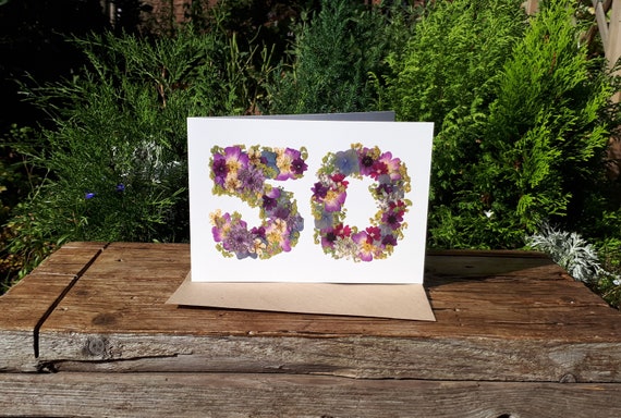 Personalised 50 Birthday Card, Pressed Flower PRINT