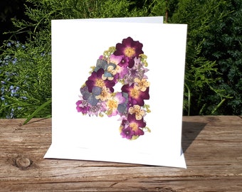 4th Anniversary Card, Personalised No 4 Card, English Pressed Flower PRINT, No 4 Birthday Card