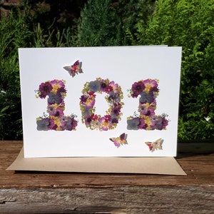 Carte d'anniversaire 101, impression fleurs pressées en anglais, carte d'anniversaire 101 florale personnalisée, cartes pour jardiniers