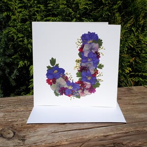Carte personnalisée lettre J, impression de fleurs pressées, carte vierge