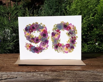 Personalised 90th Birthday Card, Pressed Flower PRINT