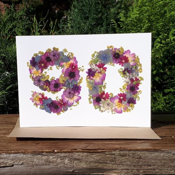 Personalised 90th Birthday Card, Pressed Flower PRINT