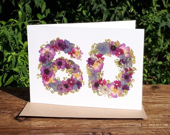 Carte 60e anniversaire, impression fleurs pressées, anniversaire de maman, cartes pour jardiniers
