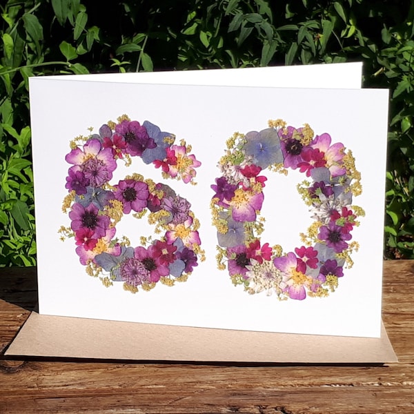 Carte personnalisée 60e anniversaire, impression fleurs pressées