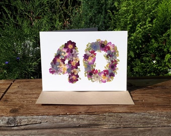 Tarjeta de cumpleaños número 40 personalizada, IMPRESIÓN de flores prensadas