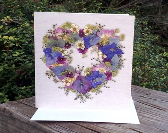 Personalised Loveheart Card, English Pressed Flower PRINT, Blank Card