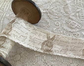 French script distress, 6cm wide, Frayed fabric, Frayed ribbon, Rabbits, Woodland theme