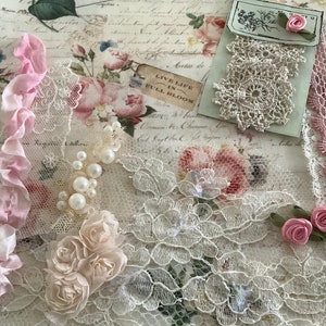 Rozen en viooltjes slow stitch-pakket, French Rose Garden, vintage kant, Riley Blake-stofpakket.