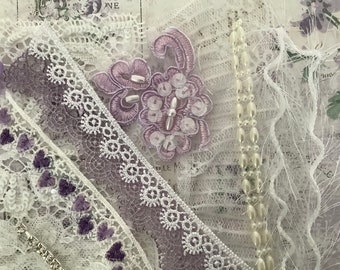 Lavender slow stitch pack, Lavender fabric pack, Snippet roll kit, Bridal lace, Briar Hill Designs fabric
