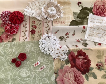 Rose Garden Slow Stitch pack,  Roses fabric, Vintage doilies, Yo-yos